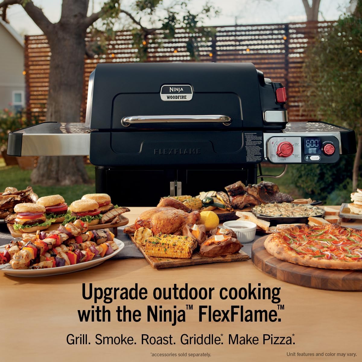 Ninja FlexFlame Grill and Smoker | Electric and Propane Grill, Roaster, BBQ Grill | 5-in-1 Cooking System | 3 Burner | Digital Control | Outdoor Cooking, Griddle, Pizza Maker | Black | PG301BK