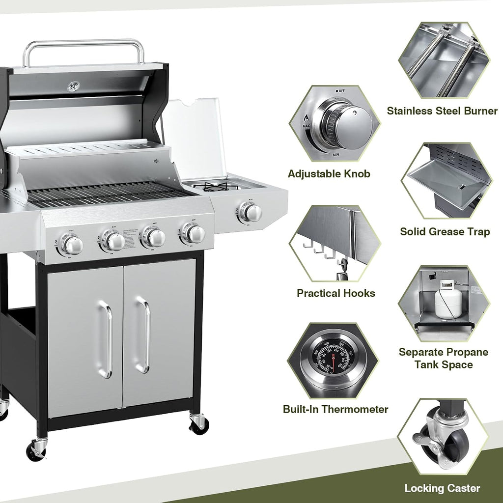 BESTFIRE 60,000 BTU 4+1 Burner Propane Gas Grill - 647 sq. inches Stainless Steel Outdoor BBQ with Porcelain-Enameled Cast Iron Grates, Side Burner & Storage Cabinet for Patio and Backyard Cooking