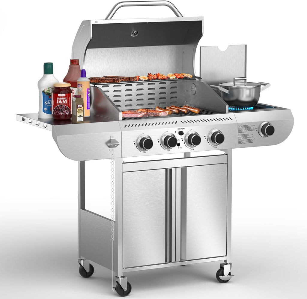 Electactic G41 Pro Gas Grill,Heavy-Duty Stainless Steel BBQ Grill,4 Burner Gas Grill with Side Burner,42000 BTU Propane Grill for Outdoor Cooking,Barbecue,Garden and Patio Backyard