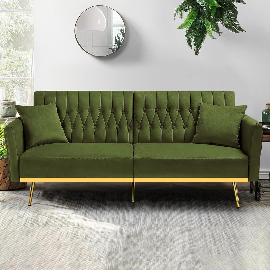 70' Velvet Futon Sofa Bed w/Adjustable Armrests & 2 Pillows, Convertible Futon Couch w/Adjustable Backrests, Modern Sleeper Bed for Living Room, Bedroom, Olive Green