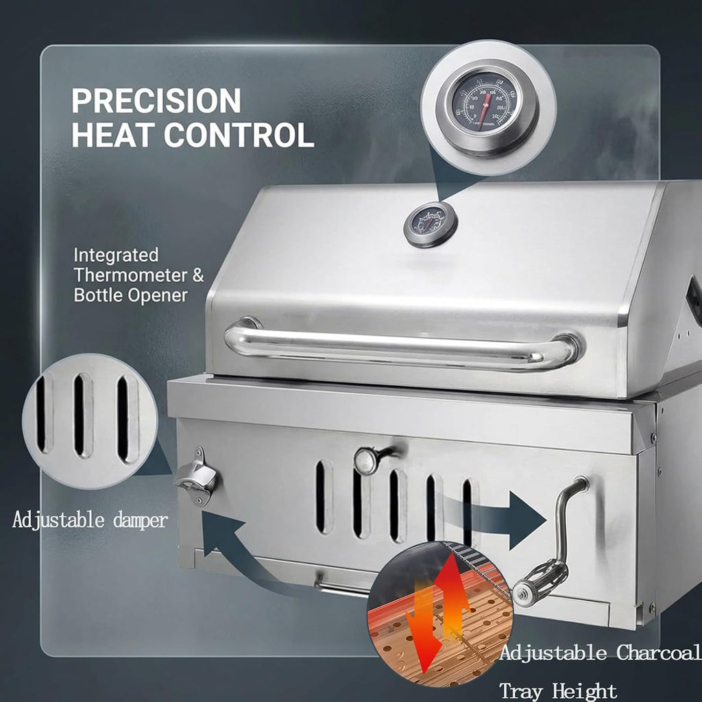 28In Built in BBQ Grills, Large Outside Charcoal Grill with BBQ Fork Kit Liftable Tray & Thermometer, Silver Stainless Steel Barbecue Grill for Outdoor Kitchen Cooking Patio Camping Park