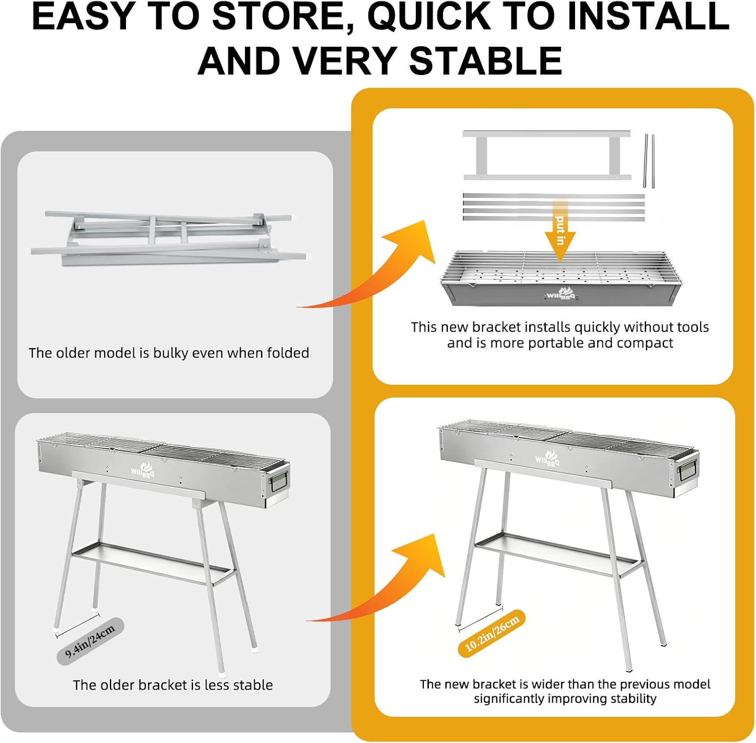 WILLBBQ Charcoal Grill Tailgate Parties, Patio, Beach Barbecues, Backyard Gatherings,Alloy Steel BBQ Barbecue Outdoor Grilling with Durable Support Frame and Dual Adjustable Vents (39.4x7.1x5.1 inch)