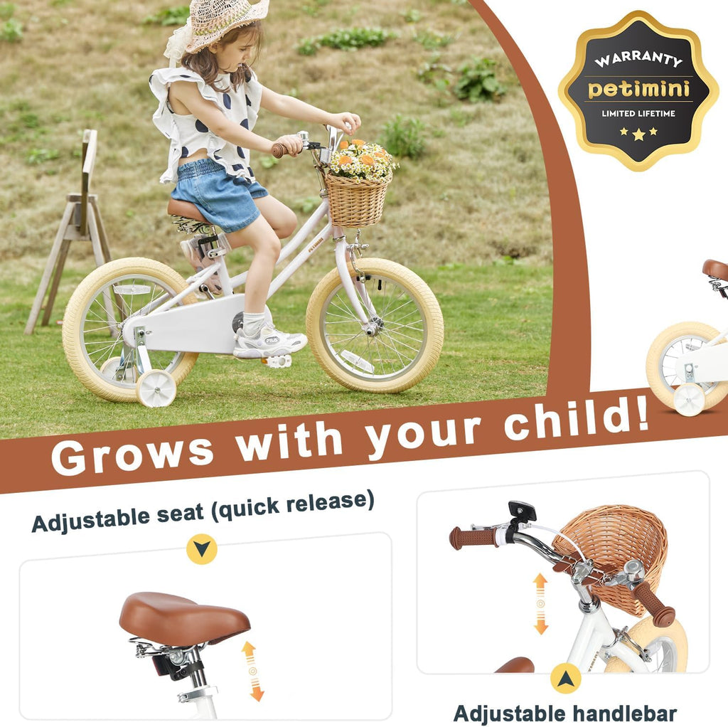 Petimini Vintage Kids Bike for Girls, 12–20 Inch Classic Bicycle with Wicker Basket & Bell, High Tensile Steel Frame, Training Wheels (12–18'), 85% Pre-Assembled, Retro Bike for Outdoor Riding