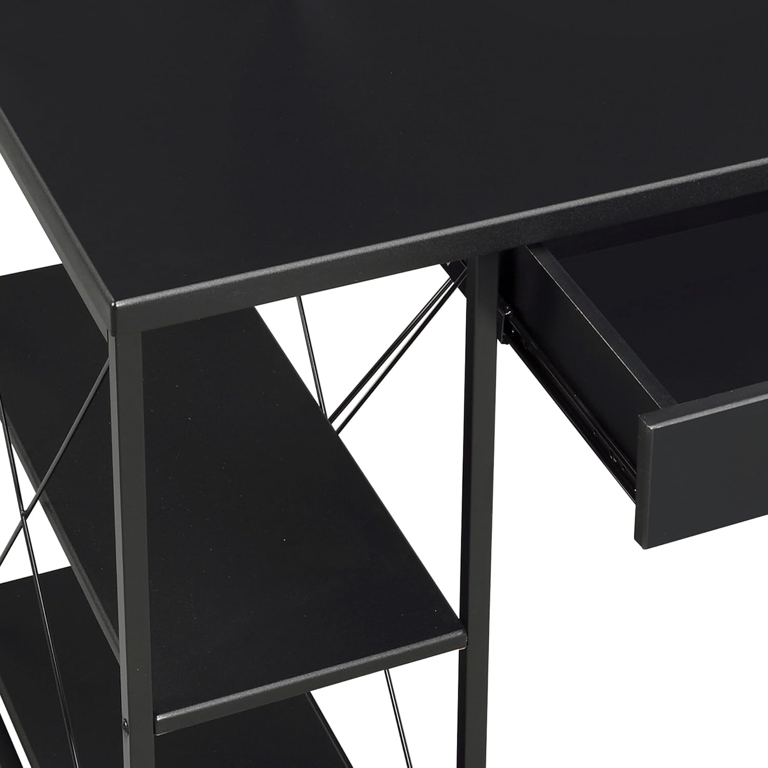 AMNOOL Office Desk with Open Shelves - Stylish Wood Recording Studio Workstation with Drawer and Compartments for Audio Equipment, Cables, and Accessories (Black)