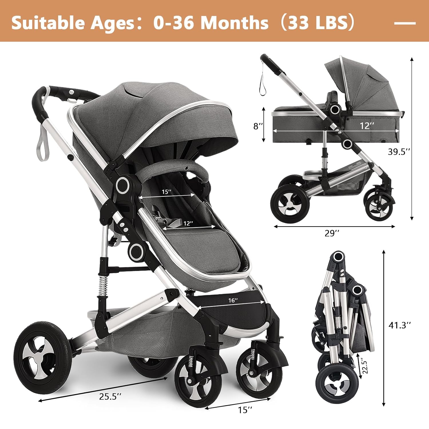 TODEFULL Convertible Baby Stroller, 3 in 1 Folding Infant Stroller, High Landscape Pushchair w/Adjustable Backrest & Canopy, Newborn Pram with Foot Cover, Storage Basket, Dark Grey