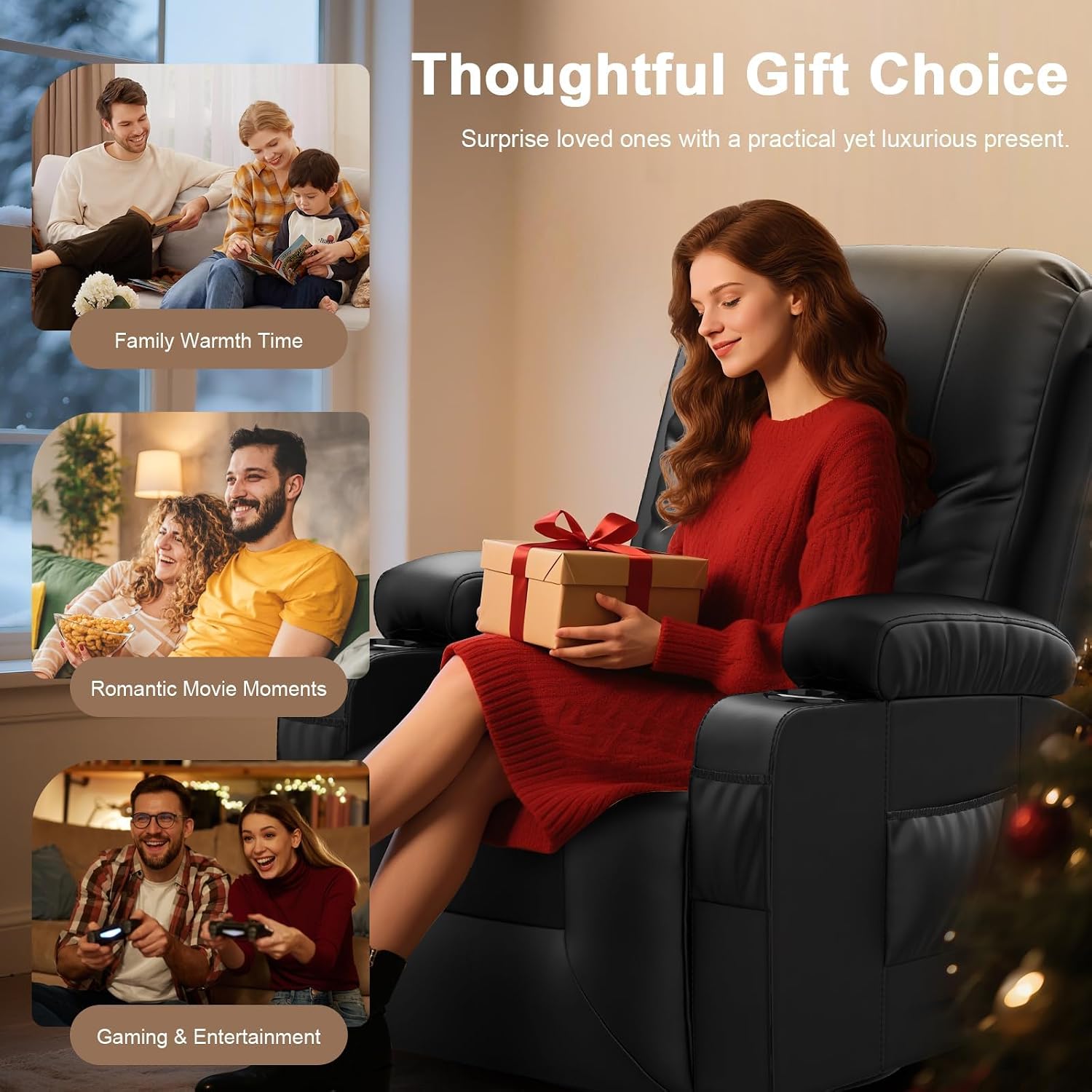 Recliner Chair, Swivel Rocker Recliner with Massage & Heat, Reclining Chair with Cup Holder & Pocket, 360° Swivel Home Theater Seating Lounge Recliner