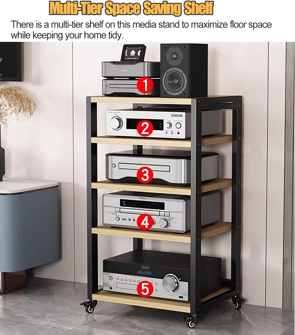 Rolling Audio Component Rack Tower Media Stereo Stand Equipment Shelf, Home Commercial Corner Entertainment Center, Stereo Shelf HiFi Audio Systems, 5 tier-100cm Tall