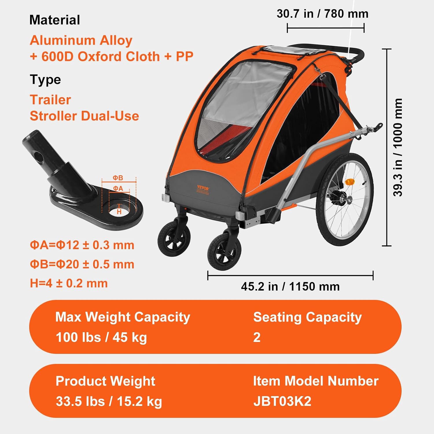 VEVOR Bike Trailer for Toddlers Kids, Single & Double Seat Options, 2-in-1 Canopy Carrier with Strong Frame Converts to Stroller, Tow Behind Foldable Child Bicycle Trailer with Universal Coupler