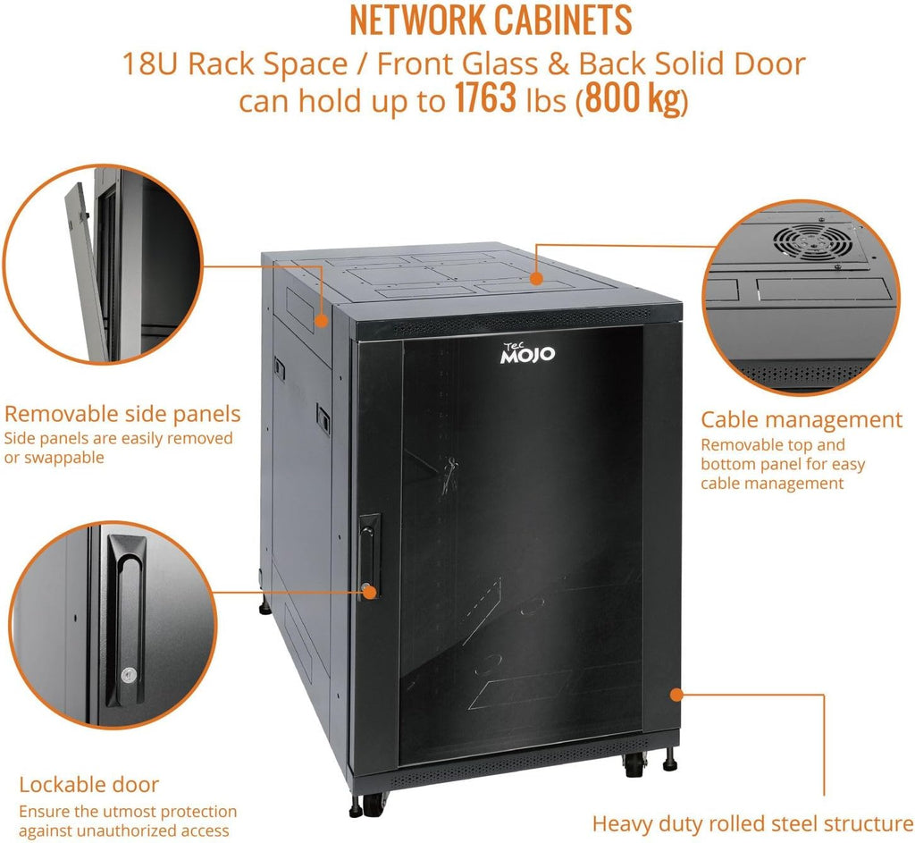 Tecmojo Fully Assembled 18U Network Cabinet AV Rack Black Equipment Rack Enclosure with Casters/Locking Doors with Dual Fan, PDU and Cantilever Shelf Installed (23.6inch DEEP Glass Door)