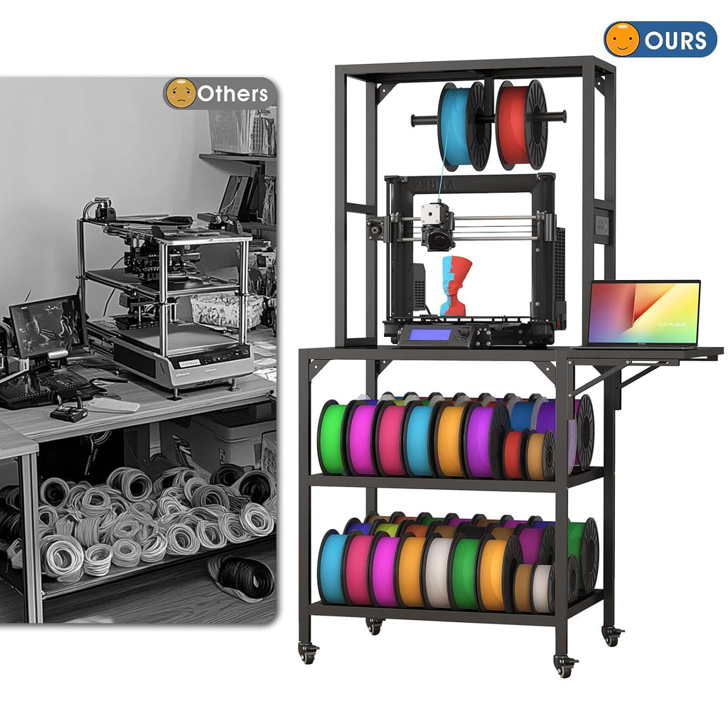 3D Printer Table Stand - 3D Printer Workbench with Filament Storage Rack, T-Shaped Spools Holder Rack and Wheels, for 3D Printing Studio, Home Office Workshop