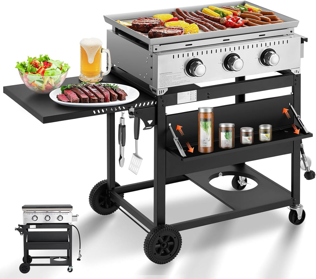 MELLCOM 3 Burner 30000 BTU Outdoor Gas Griddle with Lid (Side Shelf), Portable Flat Top Griddle 28 Inch Heavy- Duty Cast lron Grill, Bottle Rack & Grease Pan for Camping, Picnic, Patio