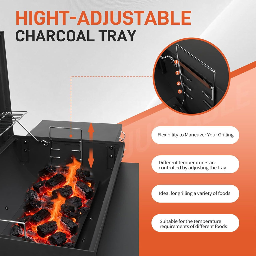 VINGLI Upgraded Barrel Charcoal Grill with Side Front Tables, Adjustable Charcoal Tray BBQ Grill Outdoor Smoker Grill with Wheels for Party Garden Patio and Backyard Cooking 39''D × 24''W × 46''H
