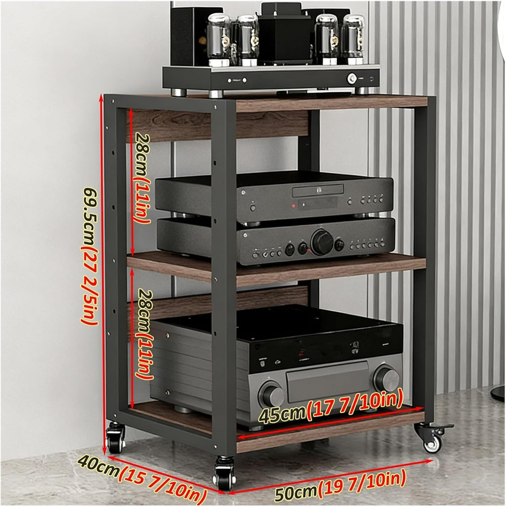 YLLFFLL Home Audio Rack with Wheels 3 4 5 Tier, Floor Standing Removable Stereo Cabinet Media Organizer Equipment Shelf, HiFi Stands with Height-Adjustable Shelf(W 19 7/10IN,3 Shelf)