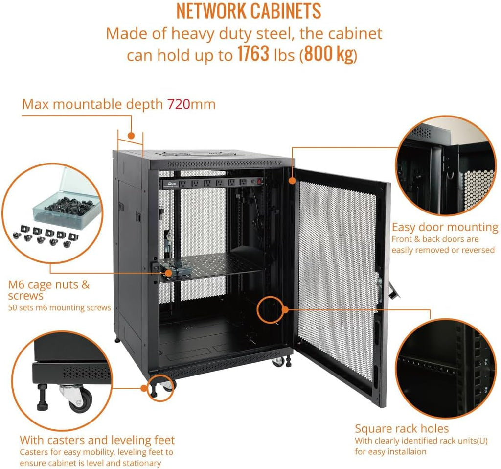 Tecmojo Fully Assembled 18U Network Cabinet AV Rack Enclosure with Casters/Locking Doors with Dual Fan, PDU and Cantilever Shelf (31.5inch DEEP Mesh Door)
