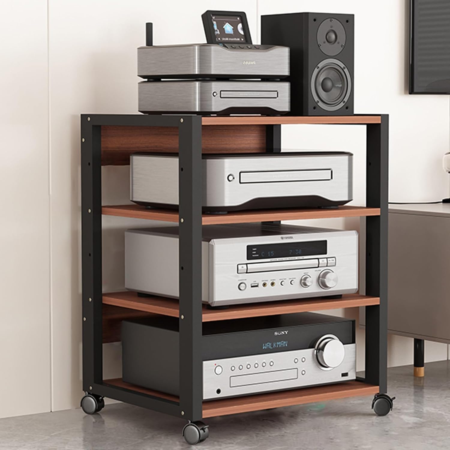 27in High Modern Record Player Stand, 4/3 Tier Mobile Audio AV Media Shelf Vertical Storage Cabinet for Office Home Classroom, Stereo Equipment Rack Adjustable(Brown,4 Tier)