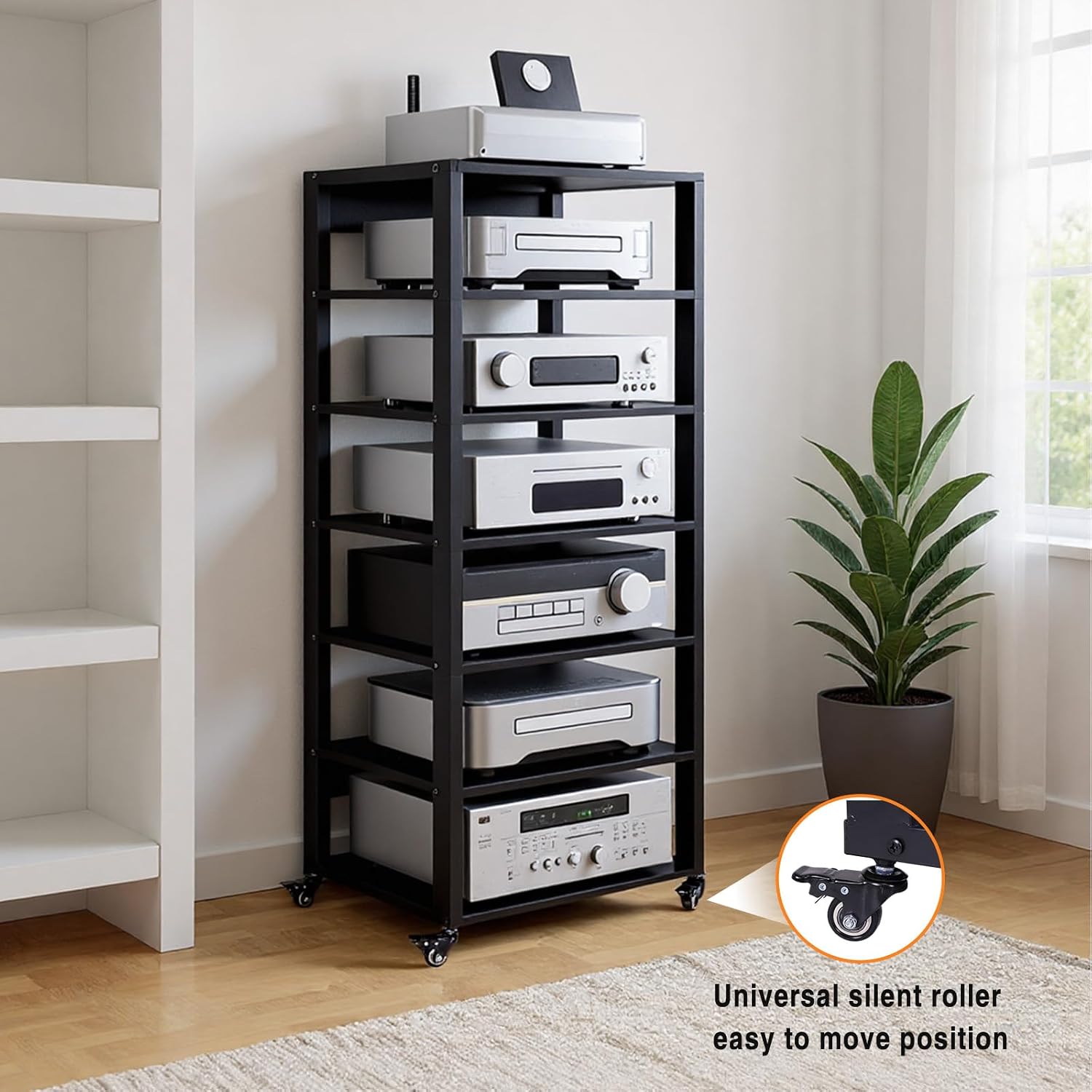 7-Tier Audio Rack Tower, Heavy Duty HiFi Amplifier Stand, Adjustable AV Media Component Cabinet with Wheel, Stereo Receiver & CD Player Display Rack for Home Theater Equipment