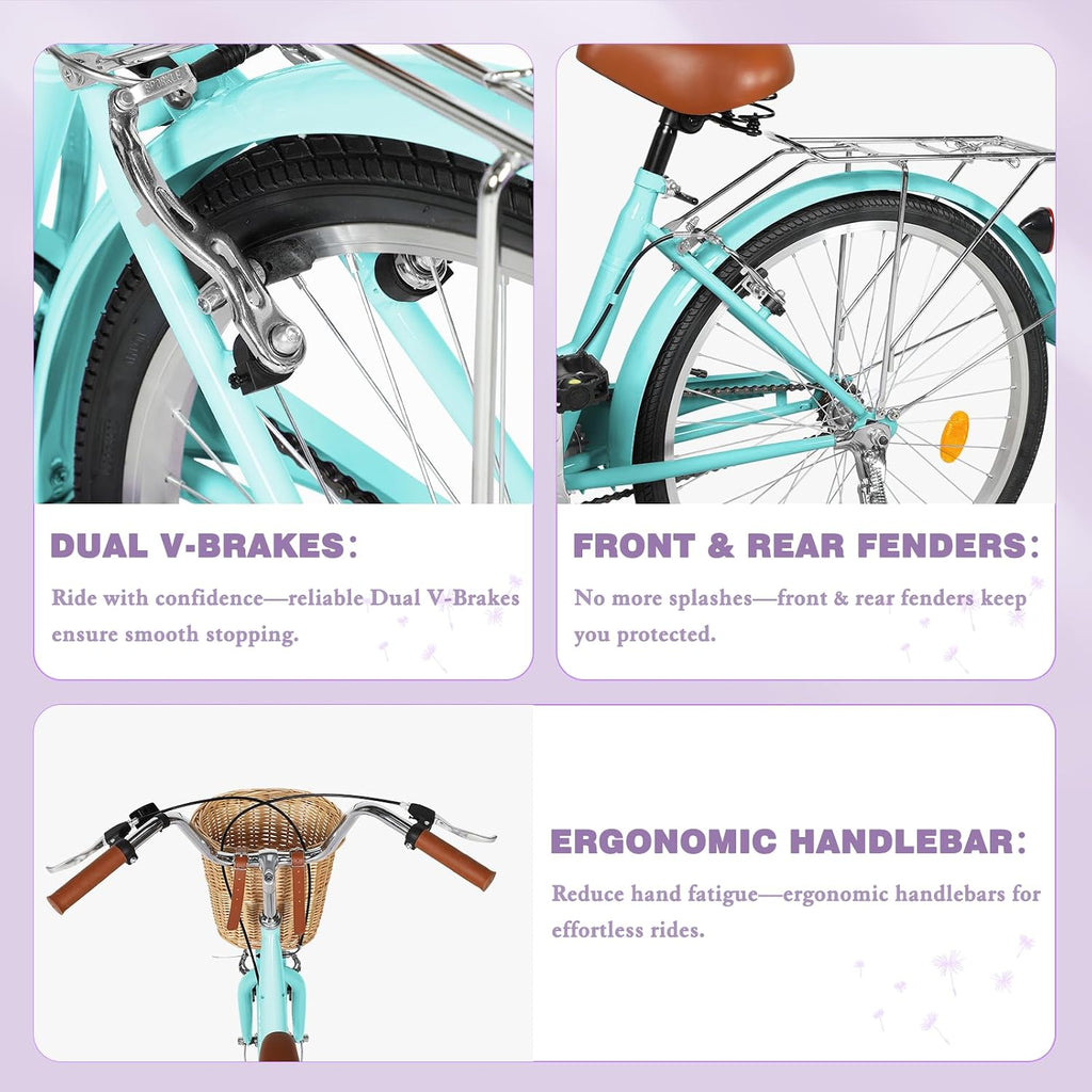 Max4out Women Bike Beach Cruiser Bike for Adult, 24 & 26 Inch Comfort Bikes with Rattan Front Basket, Womens Bicycle with Adjustable Seat and Dual V-Brake (Pink & White & Green & Purple & Black)