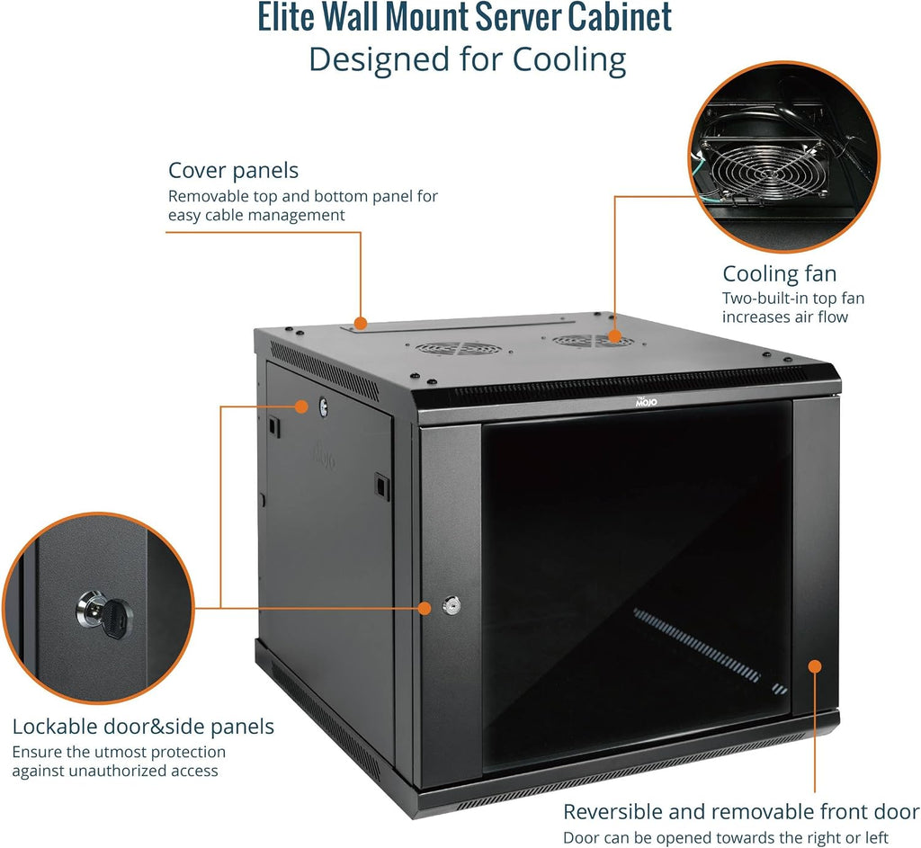 Tecmojo Elite Collection 9U Wall Mount Server Cabinet IT Network Rack Enclosure Lockable Glass Door and Side Panels, with 2 Cooling Fans,17.7inch Depth, Hold up to 176Lbs,Black
