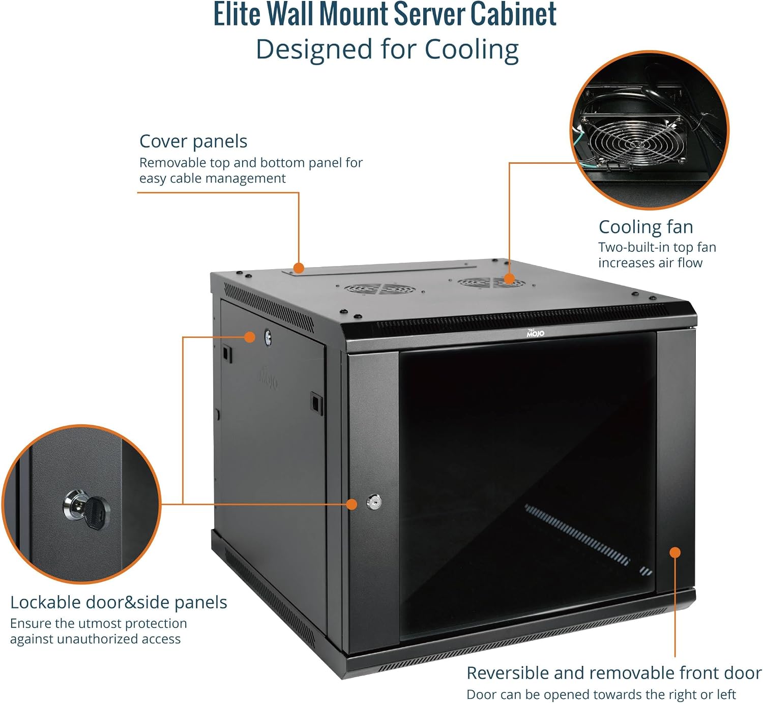 Tecmojo Elite Collection 9U Wall Mount Server Cabinet IT Network Rack Enclosure Lockable Glass Door and Side Panels, with 2 Cooling Fans,17.7inch Depth, Hold up to 176Lbs,Black