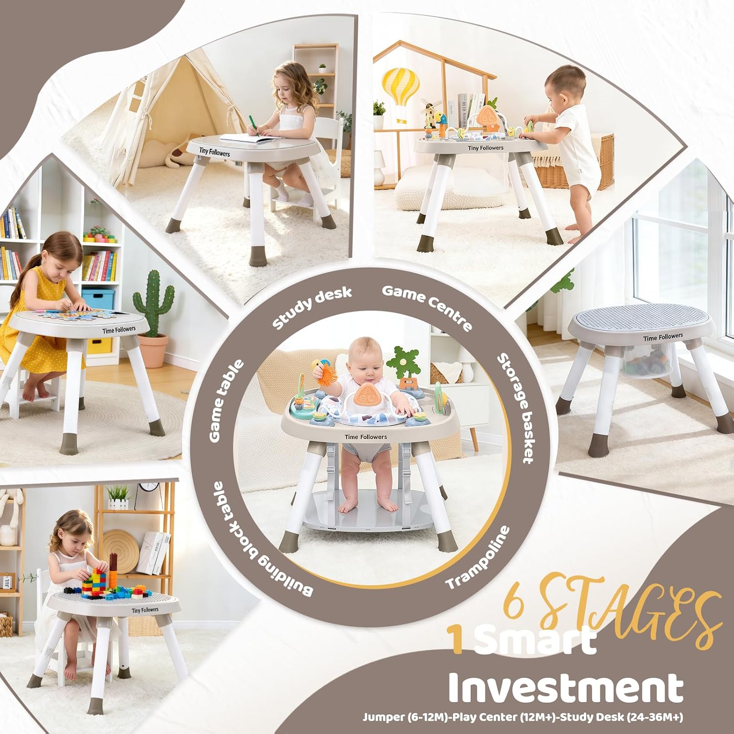 Time Followers® 6-in-1 Baby Activity Center | 4 Stage Montessori-Inspired Toys | Grow Stationary Standing Toddler Table | Jumpers & Bouncers | Must Have for Boy & Girl 6, 12, 24+ Month Old (Beige)
