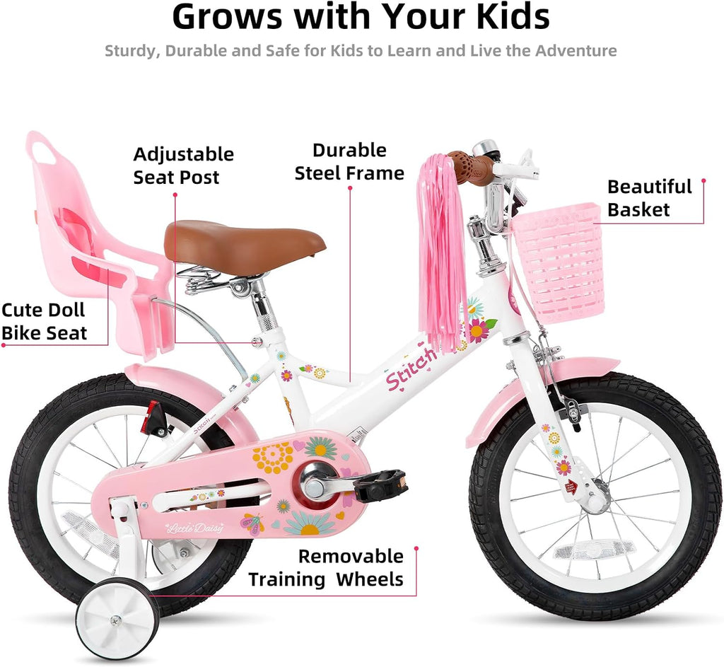 JOYSTAR Little Daisy Kids Bike for Girls Boys Ages 2-7 Years, 12 14 16 Inch Girls Bikes with Doll Bike Seat & Streamers, Boys Bike with Flag & Number Plate, Multiple Colors