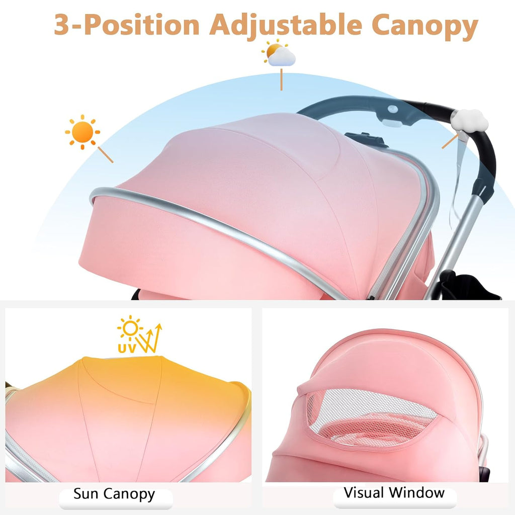 TODEFULL Convertible Baby Stroller, 3 in 1 Folding Infant Stroller, High Landscape Pushchair w/Adjustable Backrest & Canopy, Newborn Pram with Foot Cover, Storage Basket, Pink