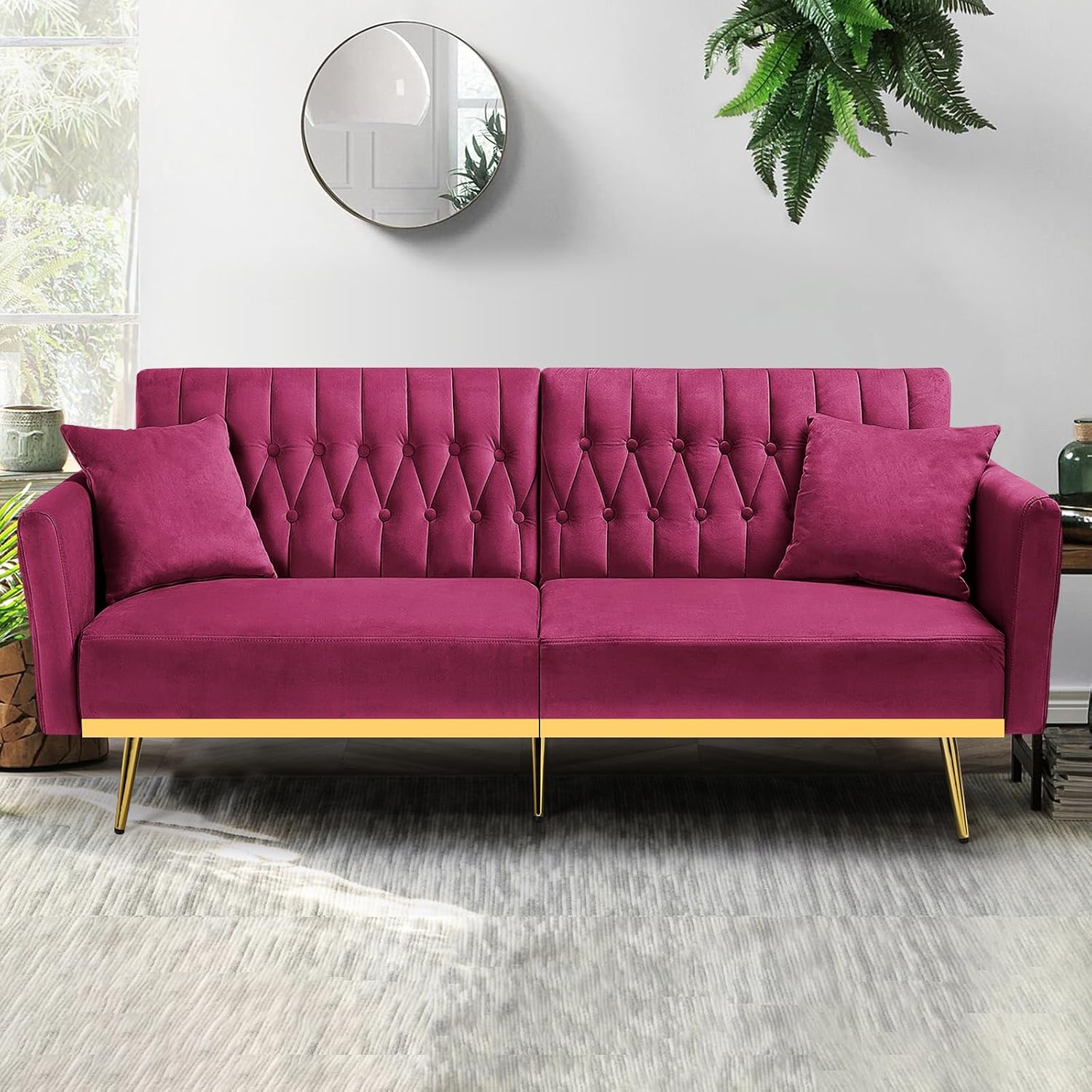 70' Velvet Futon Sofa Bed with 2 Pillows and Adjustable Armrests, Convertible Sleeper Bed W/Adjustable Backrests, Modern Loveseat for Living Room, Bedroom, Fuchsia