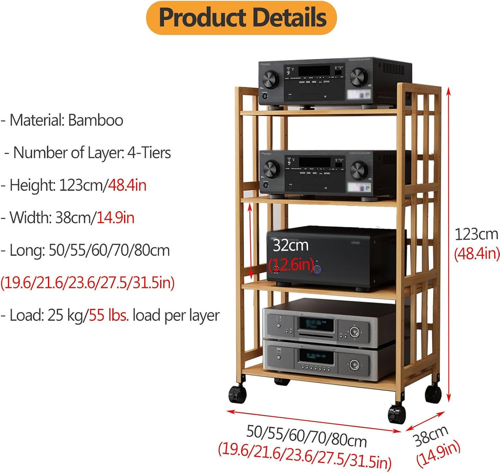 Adjustable Large Capacity HiFi Audio Rack - 2/3/4/5 Tier Media Stand, Heavy Duty Stereo Cabinet, Easy Assembly AV Furniture for Home Theater & Music System, 4-Tier 123cm Tall, W-55CM