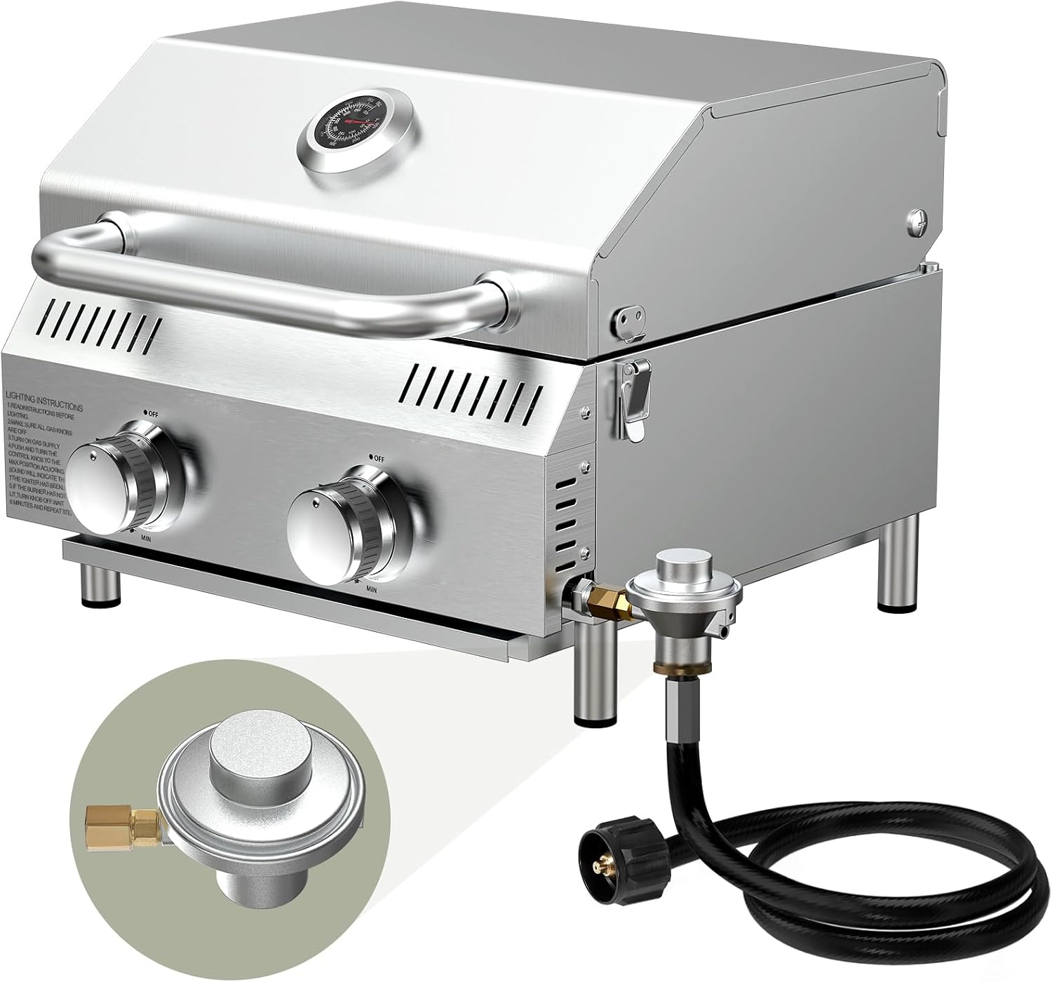 Bestfire Tabletop Propane Gas Grill 2 Burners- Dual Connections, 20,000 BTUs Stainless Steel Portable Grill Fits Large Gas Cylinders and Small Canisters for Outdoor Camping and RV Trips