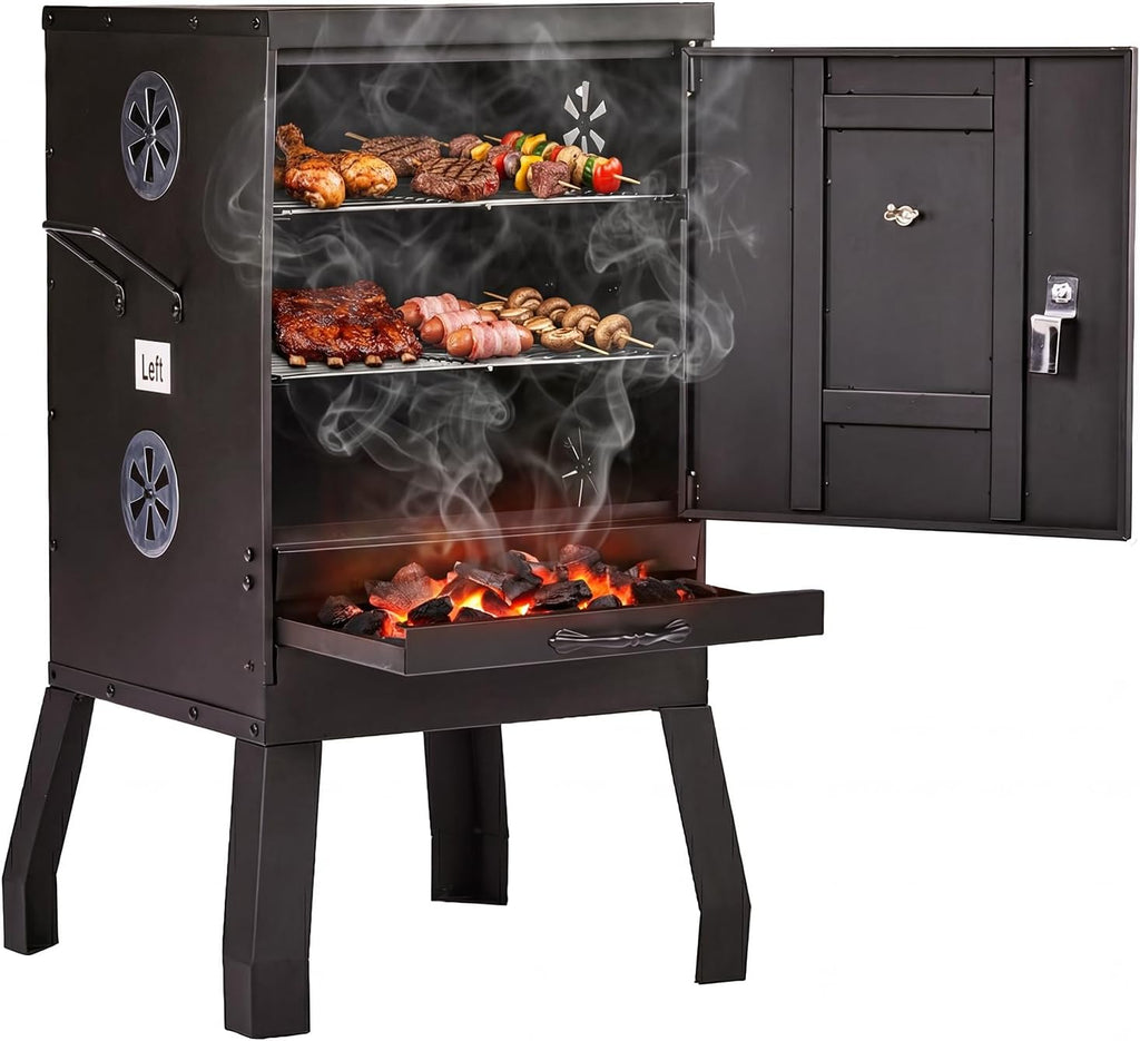 ROVSUN 2-in-1 Outdoor Smoker with Door, Vertical Portable Charcoal Grill with Two Detachable Grill Smoking Racks and Charcoal Pan, Perfect for Camping Barbecue, Small Families, Black