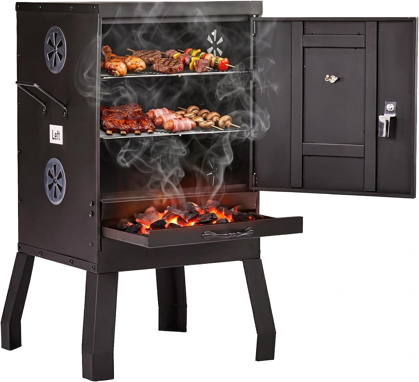 ROVSUN 2-in-1 Outdoor Smoker with Door, Vertical Portable Charcoal Grill with Two Detachable Grill Smoking Racks and Charcoal Pan, Perfect for Camping Barbecue, Small Families, Black