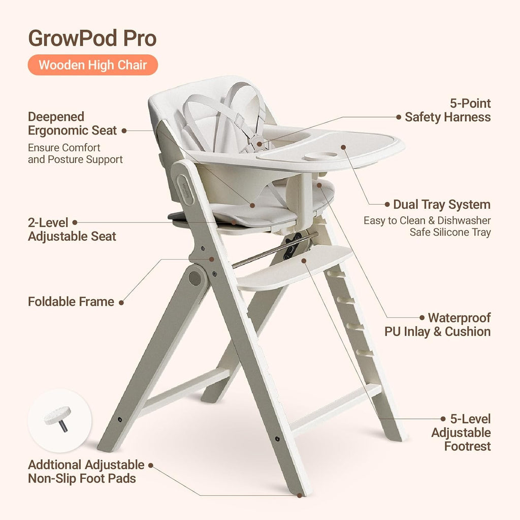 Mamazing GrowPod Pro Wooden Baby High Chair for 6 Months to 300lbs, Easy to Clean with Tray, Compact Foldable Highchair for Kitchen & Dining Room, with 5-Point Safety Harnesses and Guard Bar