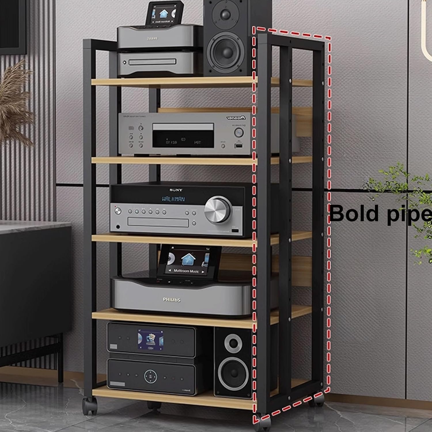 Audio Storage Rack, Audio Rack Stand, Audio Rack Tower, Rack Audio Tower Modern with Universal Wheels for Audio Equipments 50 * 40 * 100cm 3 Colors(Brown+Black,4 Layer)