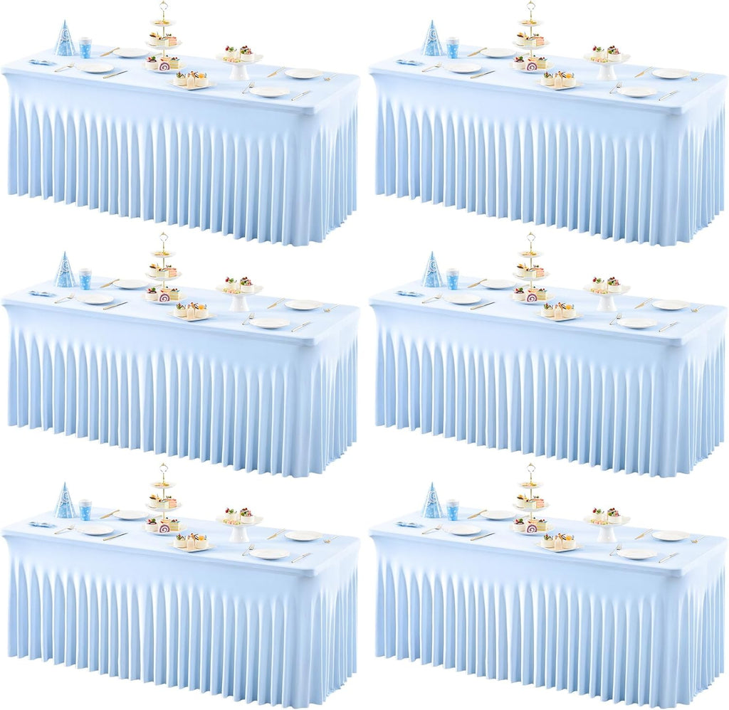 Shillance Baby Blue Spandex Table Covers 8ft, 6 Packs Fitted Table Covers for 6 Foot Tables Stretch Spandex Table Skirts Rectangle Tables for Event, Wedding, Banquet & Parties