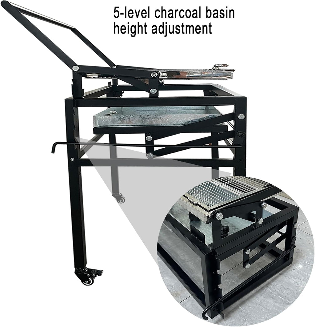 BBQ Charcoal Grill with Cart, Heavy Duty Square Outdoor Detachable Portable Grill, 360° Rotating Cooking Grid Stand-up Grills with Wheels for Camping Garden Commercial Barbeque