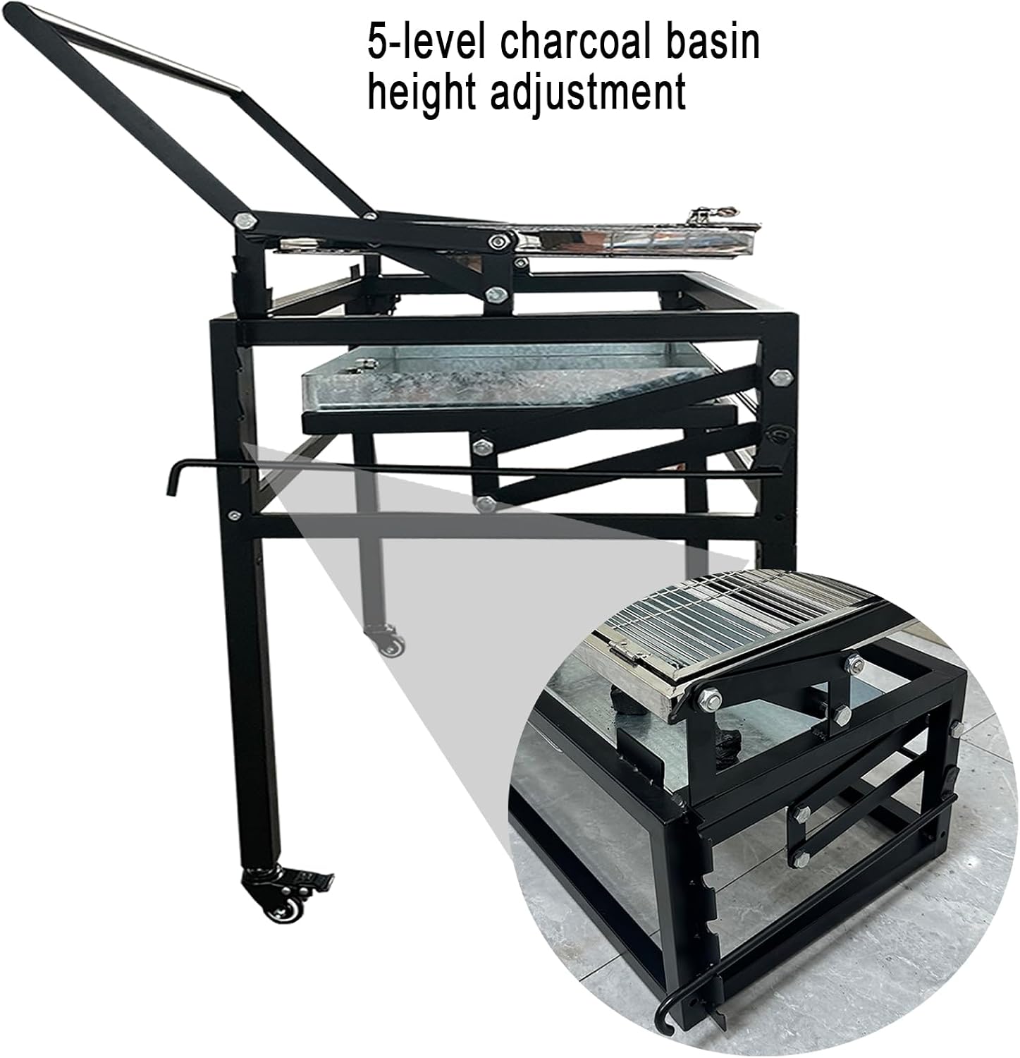 BBQ Charcoal Grill with Cart, Heavy Duty Square Outdoor Detachable Portable Grill, 360° Rotating Cooking Grid Stand-up Grills with Wheels for Camping Garden Commercial Barbeque