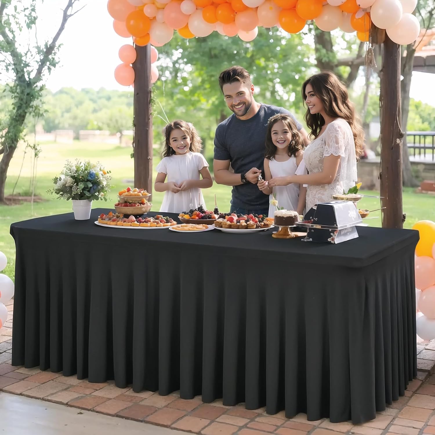 Shillance 6 Packs Black Spandex Table Covers 6 Foot, Fitted Stretch Table Cloth with Skirts 96x30 Inch, Wrinkle-Free Floor Length Rectangle Tablecloths for Trade Show Weddings Parties Banquets Events