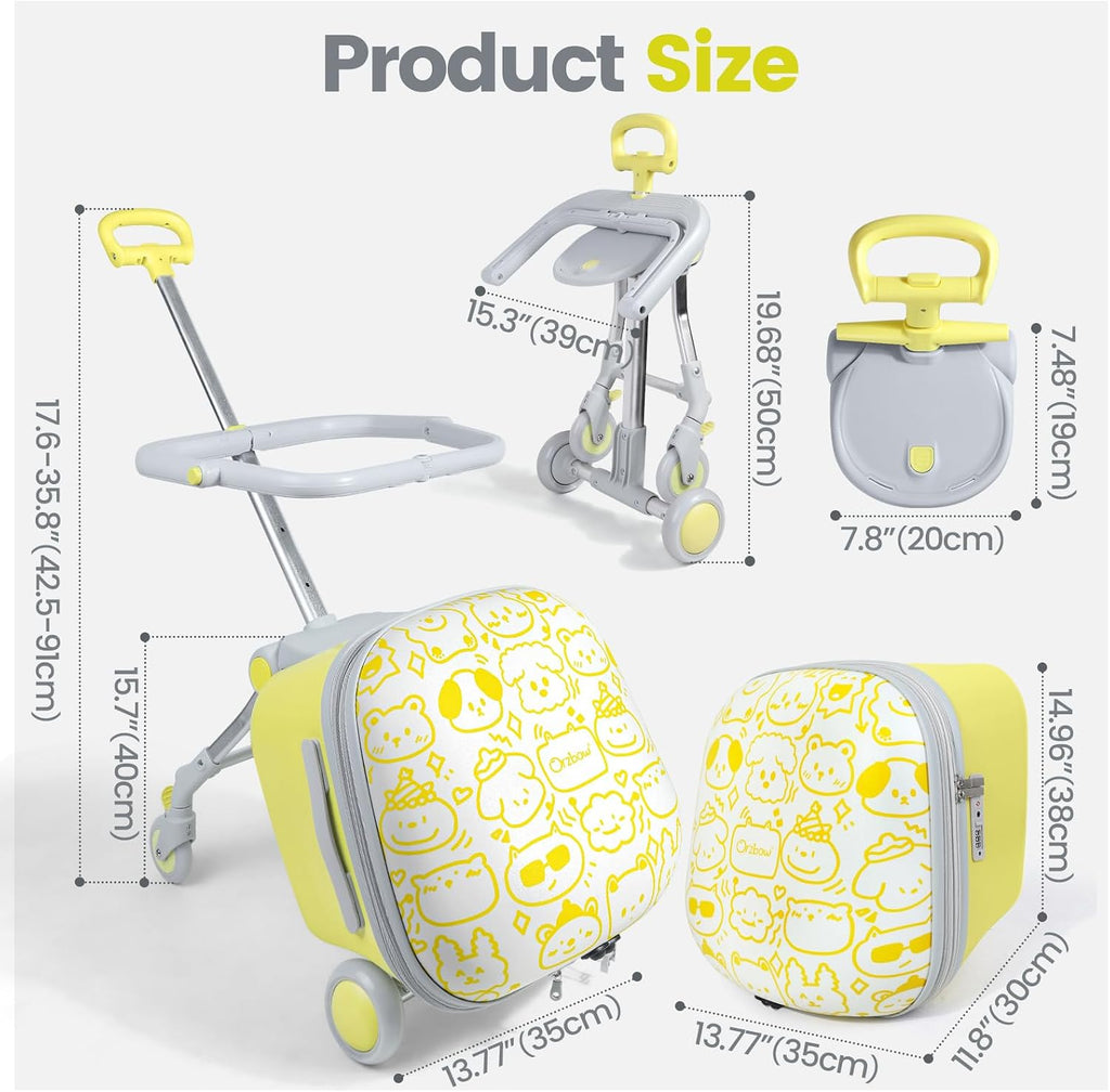 Orzbow 2-In-1 Ride On Luggage, Expandable Ride On Suitcase for Kids with Spinner Wheels, Carry On Luggage with Detachable Seat, Double as Stroller, Safety Guardrail, Help Your Child Relax, Yellow