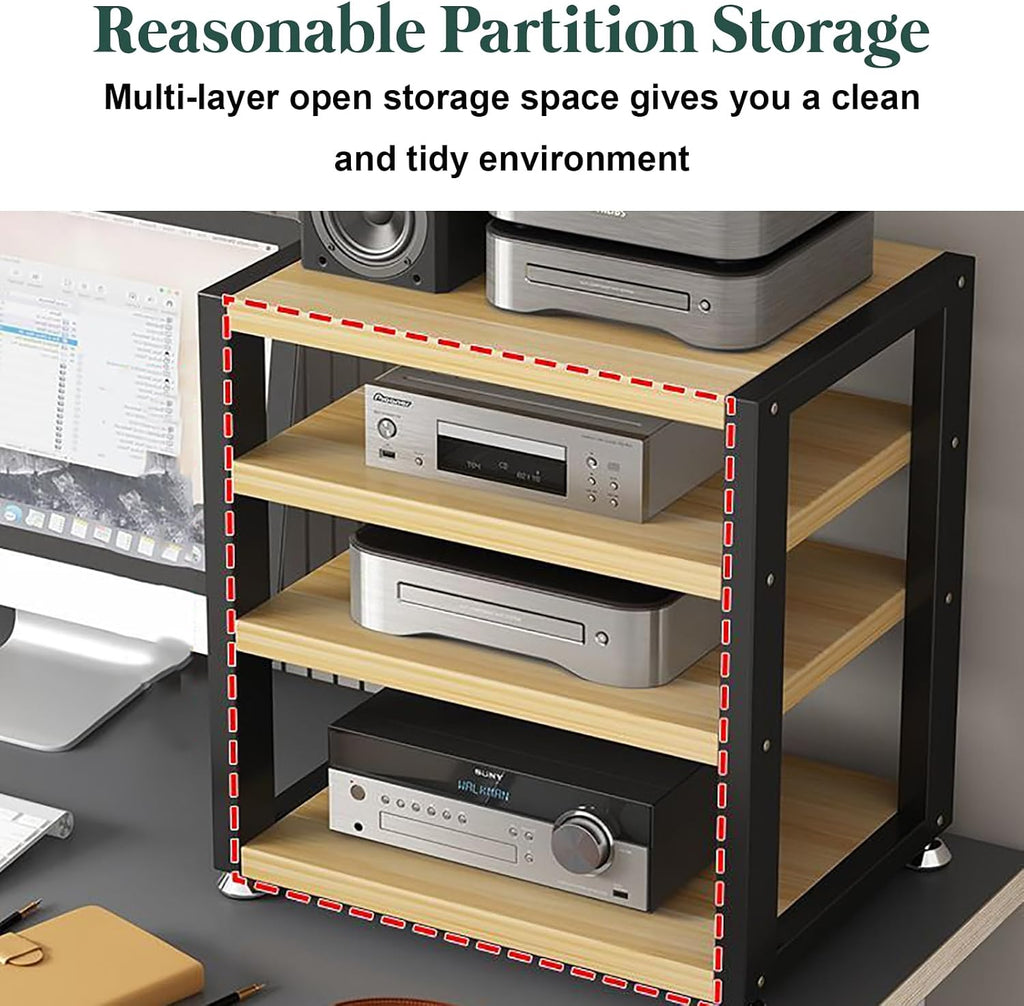 Movable AV Media Stand, 3-Tier Walnut Desktop Audio Rack, Portable Corner Stereo Cabinet, Open Storage for Computer Desk, Stylish Wooden Shelf for Home Entertainment
