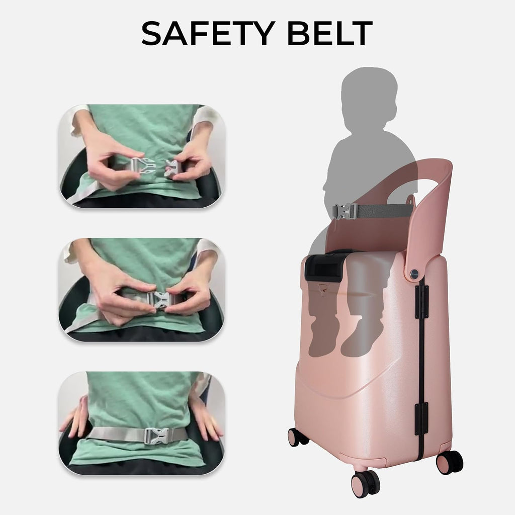 MiaMily 4-Wheel Carry-On Luggage with Seat – Ride-On Suitcase for Easy Family Travel, Seat Belt, 43L Hard Shell, Waterproof Pocket, Adjustable Handle, Dusty Pink