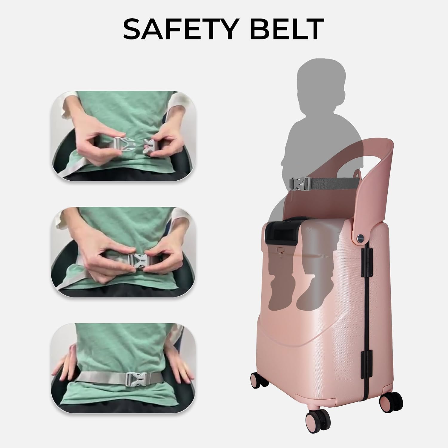 MiaMily 4-Wheel Carry-On Luggage with Seat – Ride-On Suitcase for Easy Family Travel, Seat Belt, 43L Hard Shell, Waterproof Pocket, Adjustable Handle, Dusty Pink