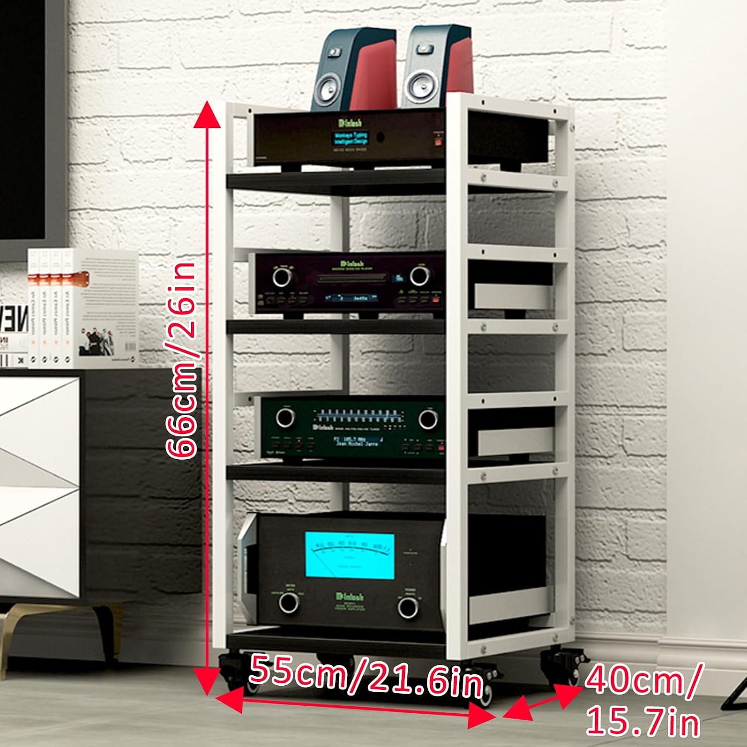 Modern Media Stand on Wheels - Movable Audio-Video Tower Cabinet for Entertainment Equipment, Stereo Component Storage, Ideal for Living Room, Gaming & Recording Spaces (Black)