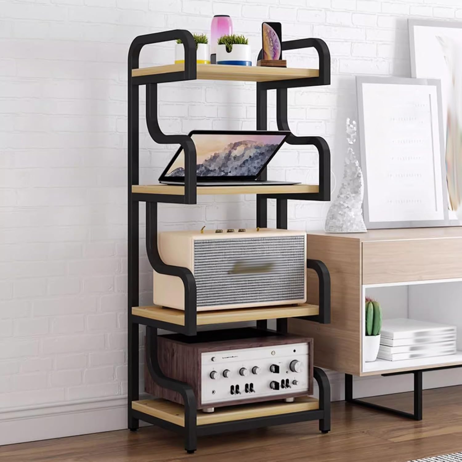 Record Player Stand Light Wood, Audio Equipment Racks Cabinets for DVD/Game Console/Projector Storage, Floor-Standing Stereo Component Rack Shelf(Black)