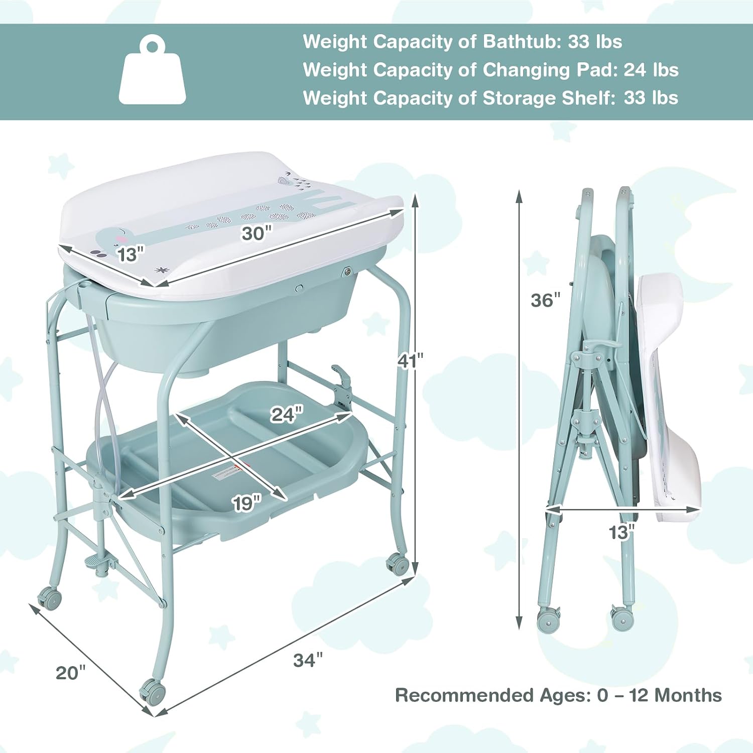HONEY JOY 2-in-1 Baby Bathtub & Changing Table, Foldable Infant Diaper Changing Station with Wheels, Storage Tray, Waterproof Pad, Portable Newborn Nursery Organizer Bath Stand for Boys Girls (Blue)