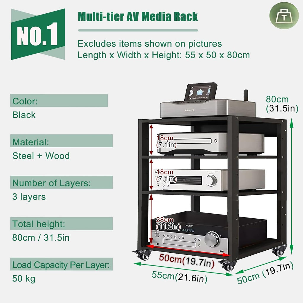 Heavy Duty Media Stereo Stand Equipment Shelf, 1 2 3 4 Layer Black Video Game/DVD Holder, Audio Component Rack Tower for Tv Accessories Record Player Console(H80cm-3Tier)
