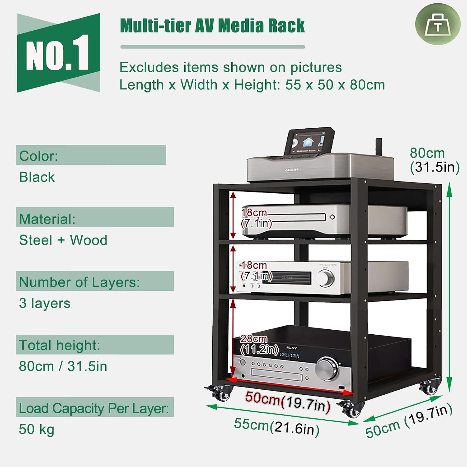 Heavy Duty Media Stereo Stand Equipment Shelf, 1 2 3 4 Layer Black Video Game/DVD Holder, Audio Component Rack Tower for Tv Accessories Record Player Console(H80cm-3Tier)