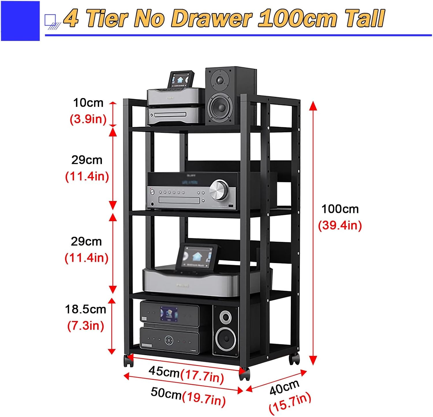 5/4/3/2-Tier AV Media Stand Vertical Storage Cabinet, Office Home Classroom Stereo Rack System Cabinet Adjustable, Mobile Audio Equipment Rack, Portable Record Player Amplifiers Shelf(4 Tier 100cm Tal