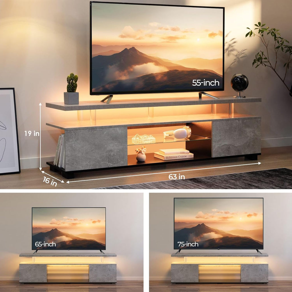 Cubehom Grey TV Stands for Living Room,Glass TV Stand, LED TV Stand for 75+ inch TV,Entertainment Center for Living Room,Bedroom,Home Office