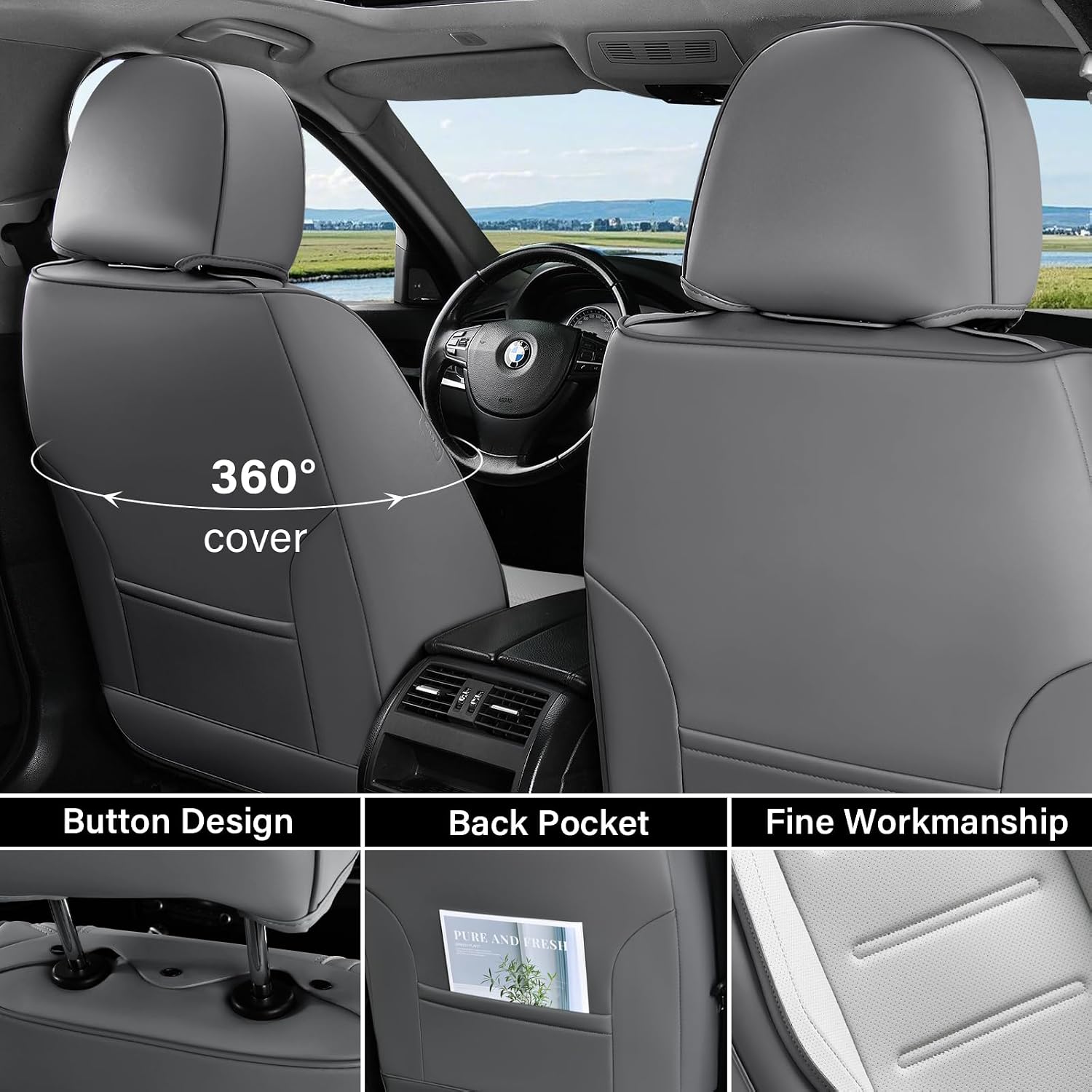 Coverado Car Seat Covers Full Set, Seat Covers for Cars, Front Seat Covers and Back Seat Cover Waterproof Leather Automotive Seat Cover, Universal Car Interior Protectors Cushion for Most Cars