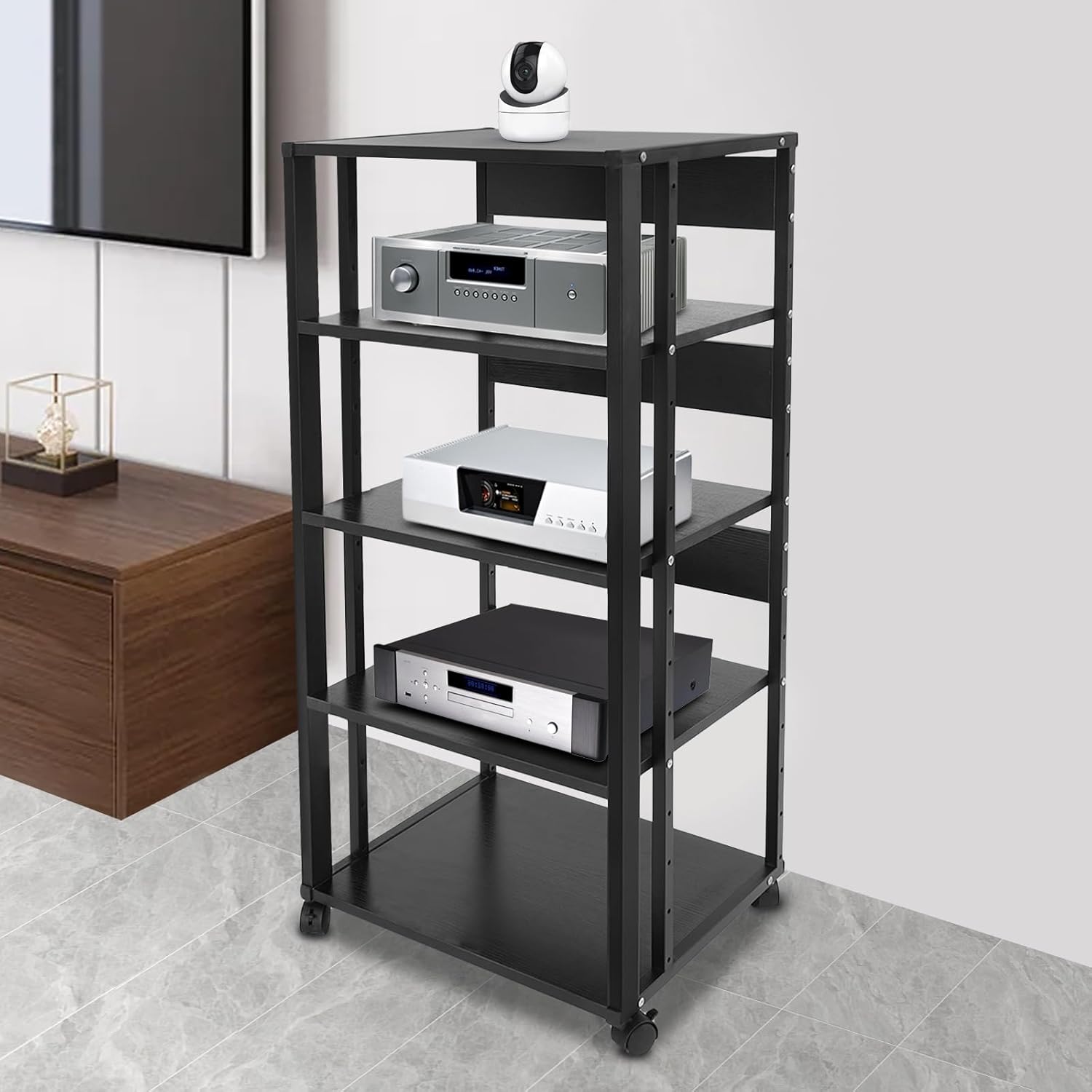 5 Tier Media Stand for Audio/Video, CD & Record Player Storage Cabinet with Lockable Wheels, AV Equipment Display Rack, 110 lbs Capacity, Stylish Black Tower for Living Room